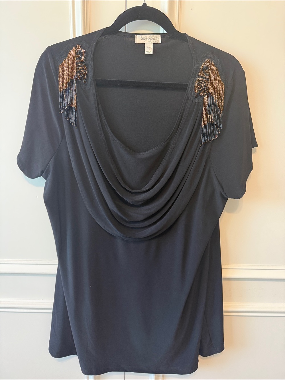 dressbarn Black Short-Sleeve Draped Neck Top with Gold Beaded Fringe